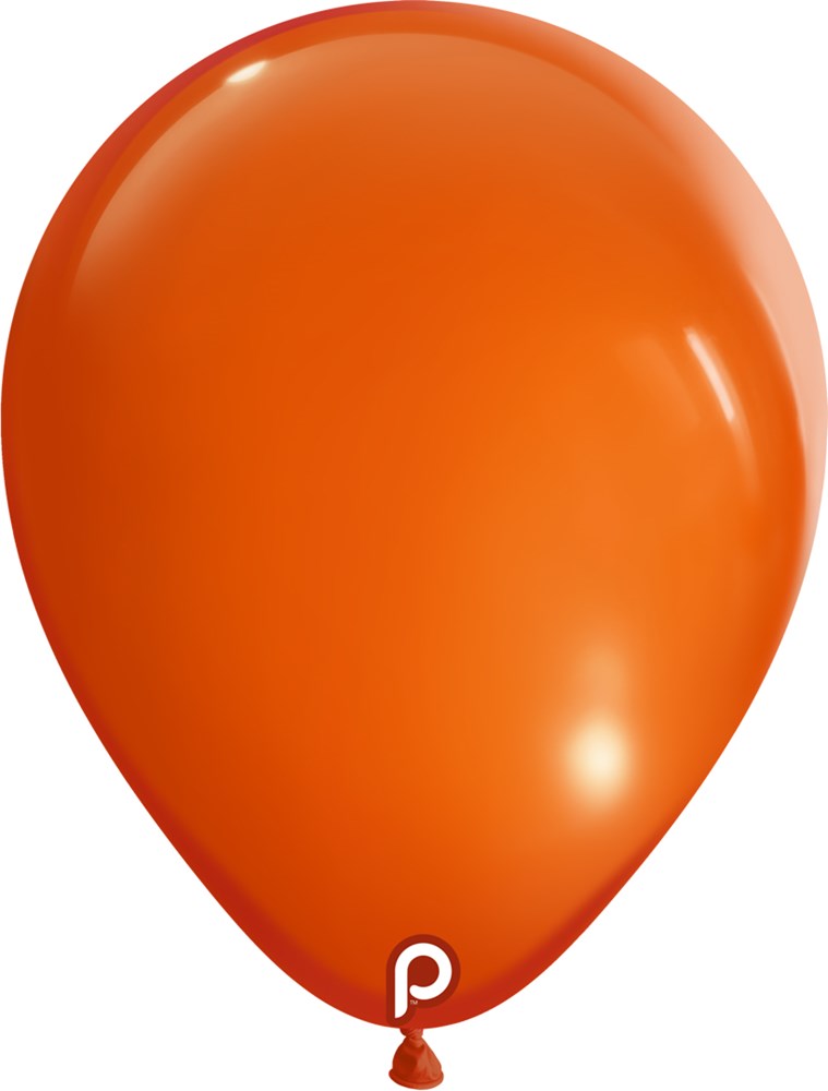 Bright orange latex balloon inflated to a round 11-inch shape with a glossy finish and a small white logo near the tied end.
