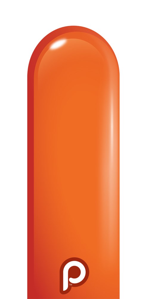Bright orange, elongated 260 latex balloon with nozzle up and white Prima logo near base.