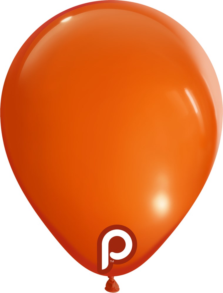 Bright orange 5-inch round latex balloon with a small white "p" logo near the bottom.