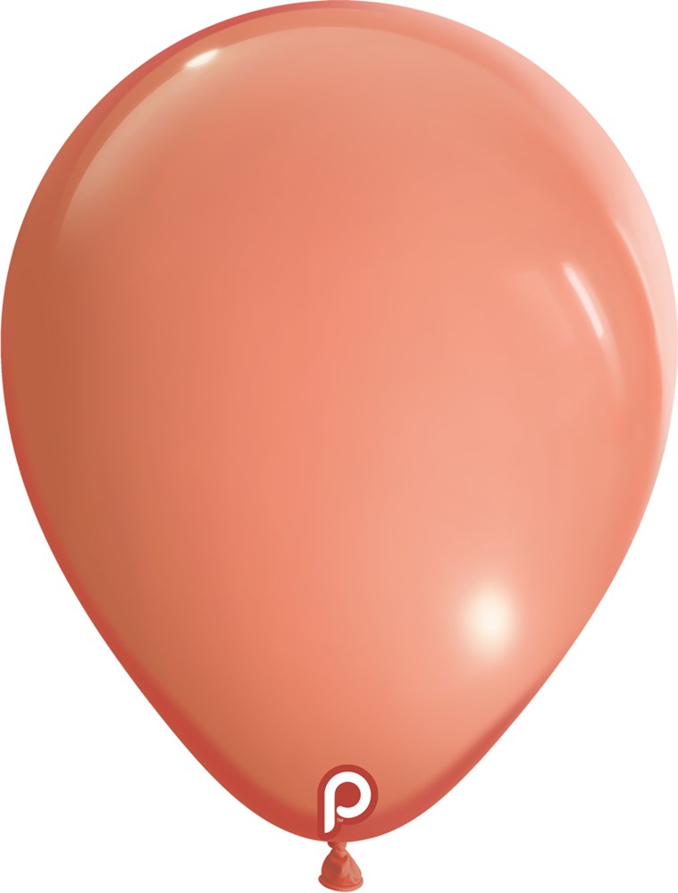 Glossy peach-colored 11 inch round latex balloon with a small printed "P" near the tied end.