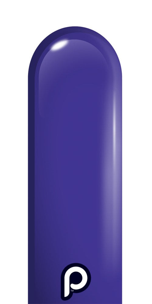 Glossy deep purple latex balloon with a rounded tip and small white "p" logo near the base.