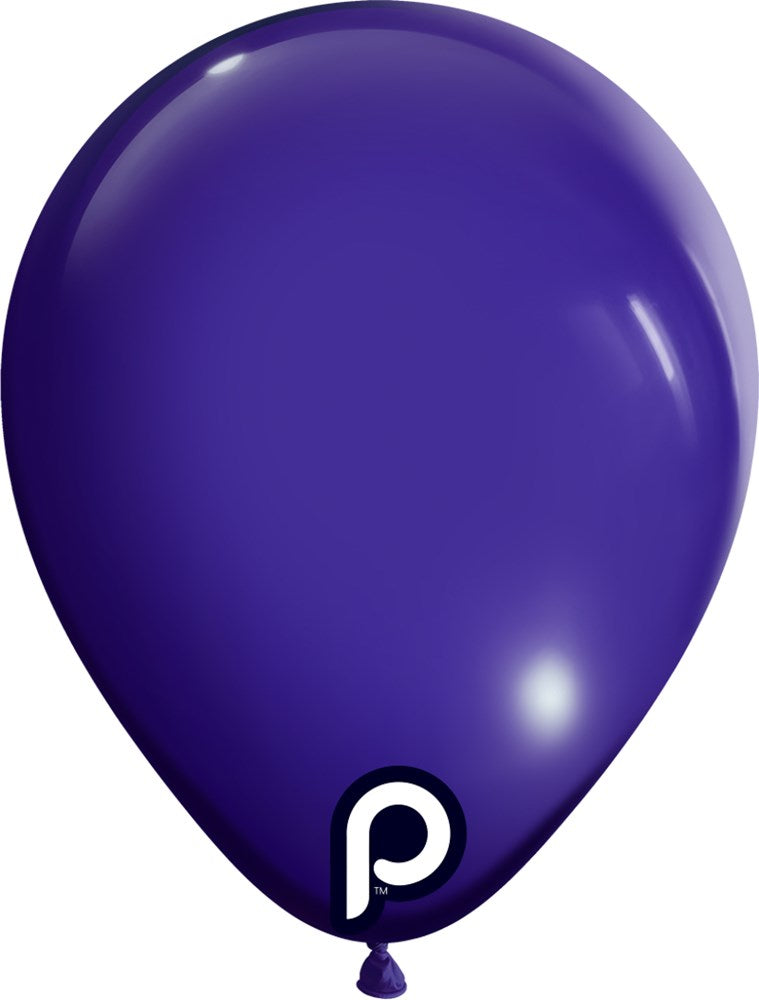 Glossy purple latex balloon with a teardrop shape and a small black and white logo near the tie end.