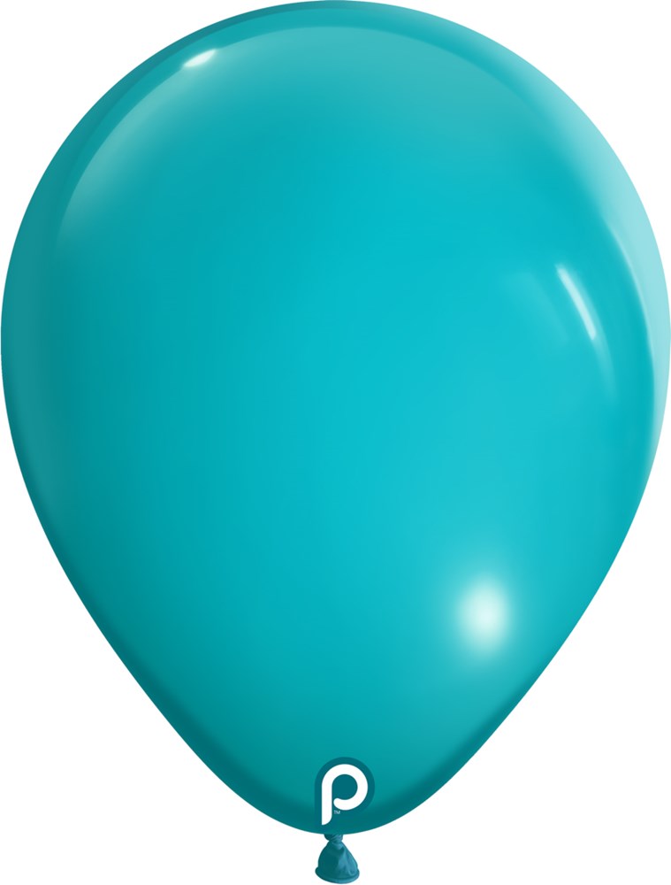Teal 11-inch smooth latex balloon with glossy finish and small white "p" logo near the base.