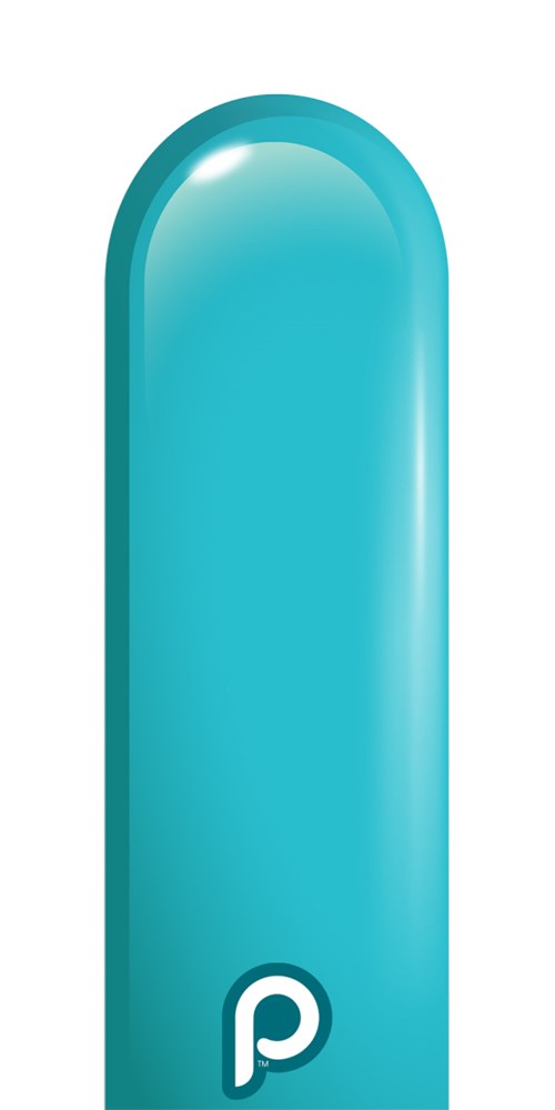 Glossy teal blue elongated latex balloon with rounded tip and small white "P" logo near base.