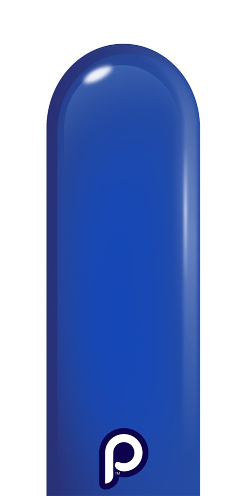 Royal blue elongated latex balloon with a rounded tip and narrow nozzle end.