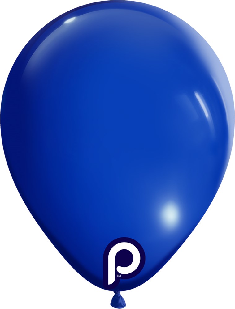 Single royal blue latex balloon inflated, smooth surface with a glossy finish, round shape with a tied neck at the bottom.