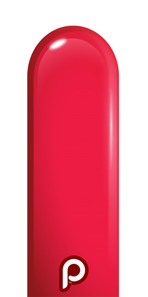 Glossy red latex balloon with rounded tip and small white "p" logo near bottom.