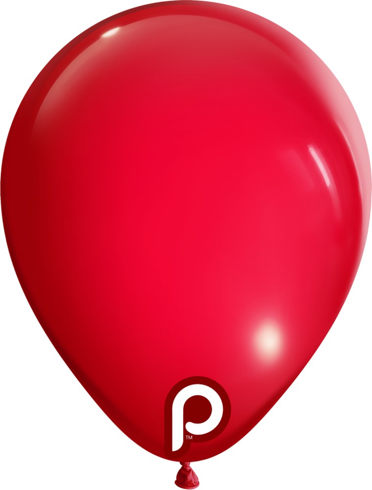 Glossy red latex balloon with rounded teardrop shape and small white “p” logo near the neck.