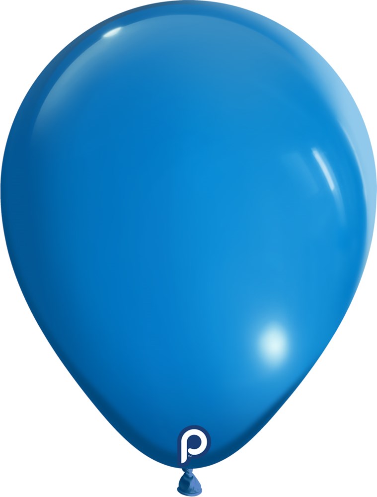 Glossy bright blue latex balloon inflated to round 11-inch size with a small white "p" logo near the base.