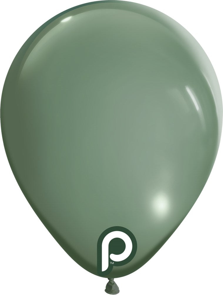 Sage green 5-inch round latex balloon with a glossy finish and a small black and white "P" logo near the tied end.