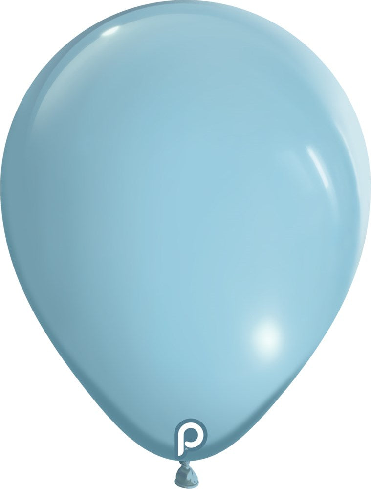 Light blue 11-inch round latex balloon with glossy finish and small white logo near the base.