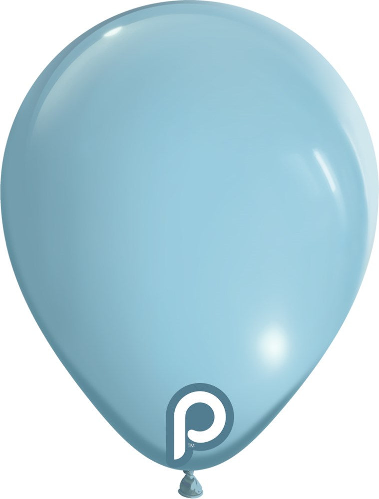 Light blue 5-inch latex balloon with a small white and dark blue "P" logo near the base.