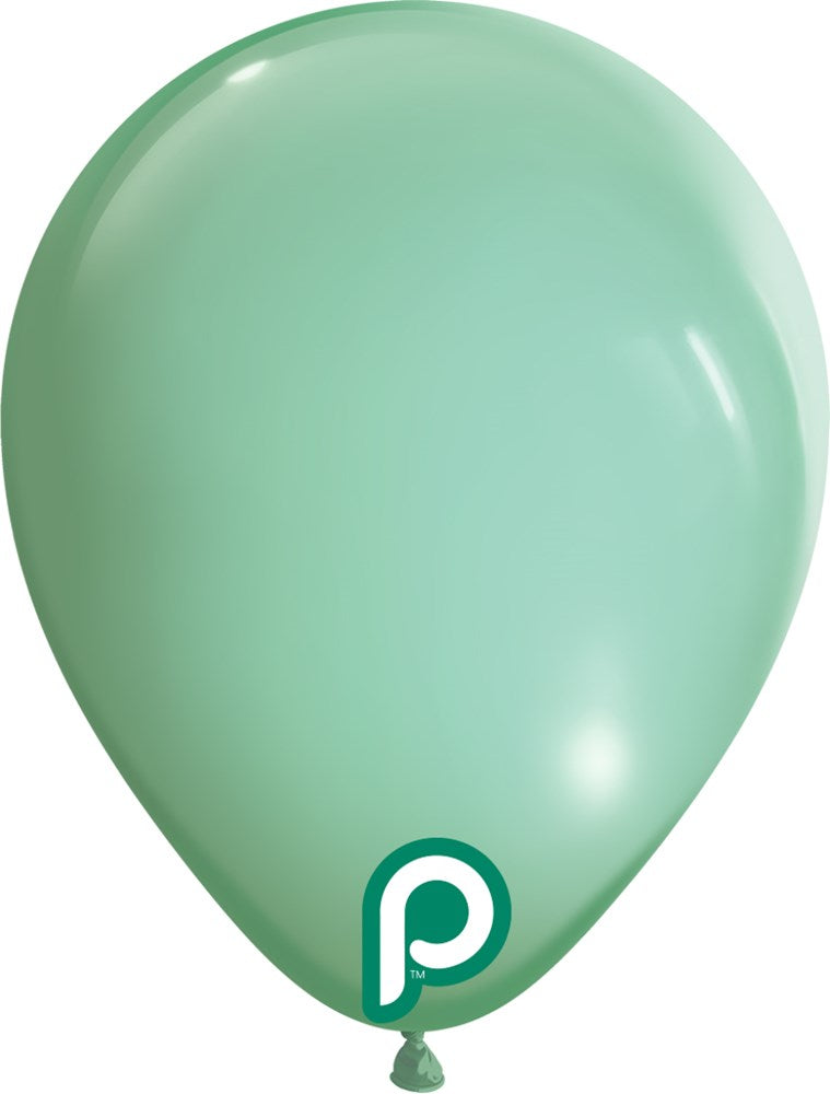Spearmint green 5-inch round latex balloon with glossy finish and a small white and green "P" logo near the bottom.
