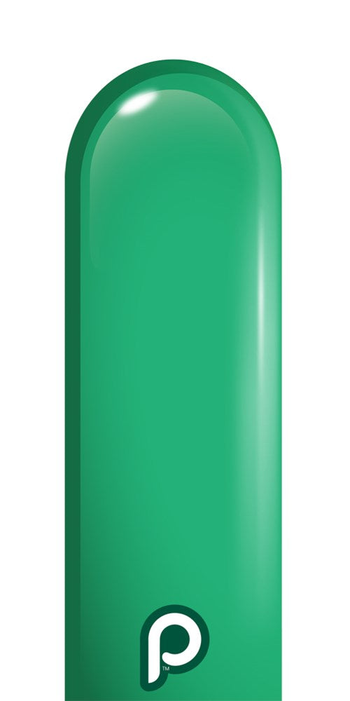 Glossy green latex balloon with rounded top and white "p" logo near base.