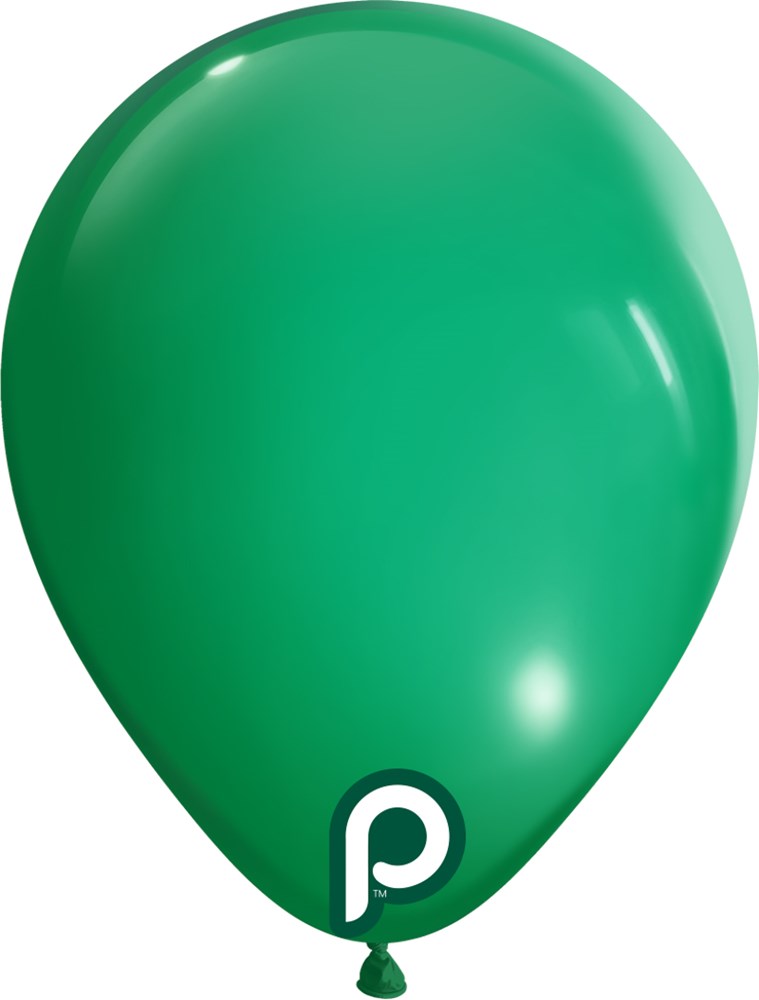 Glossy green latex balloon with rounded teardrop shape and white logo near base.