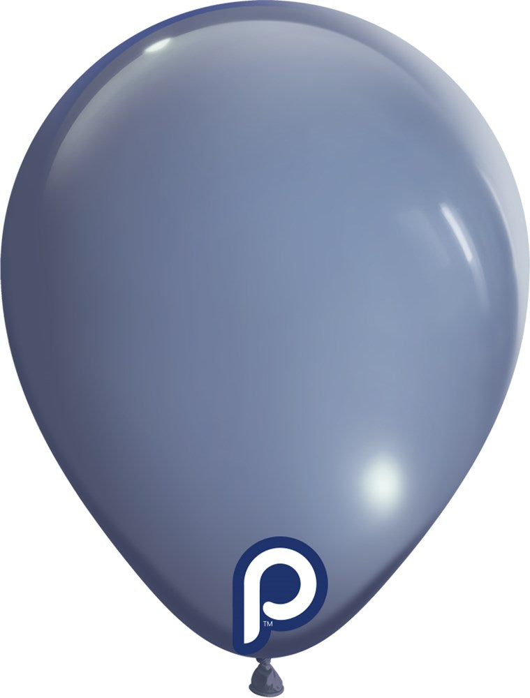 Glossy 5-inch latex balloon in muted stormy blue with round shape and smooth surface.