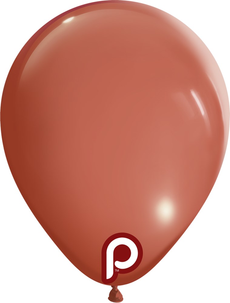Matte terracotta latex balloon inflated, 5-inch round shape with a subtle shine and tied end.