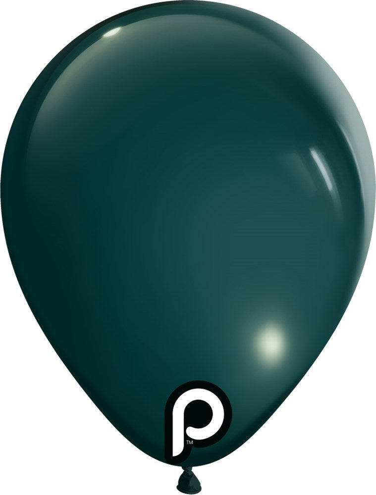 Deep teal 5-inch round latex balloon with glossy finish and small black and white logo near the base.