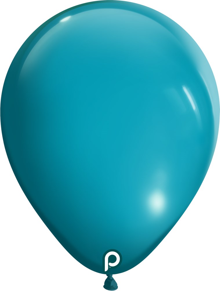 Turquoise latex balloon inflated to 11 inches with glossy finish and a small white "p" logo near the tied end.