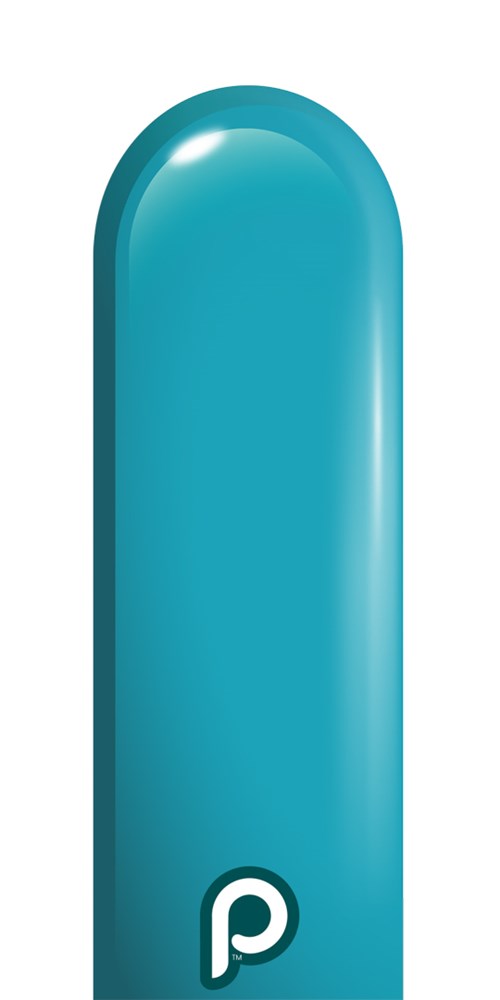 Glossy turquoise latex balloon in elongated, narrow 260q shape with rounded tip and nozzle up.