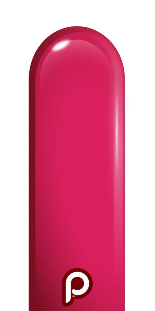 Long, narrow berry-colored latex balloon with a rounded top and a small white "p" logo near the bottom.