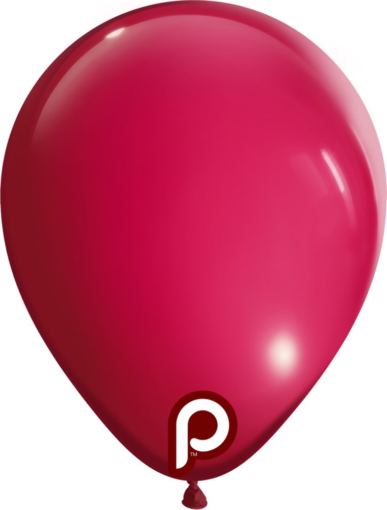 Glossy deep berry-colored 5 inch latex balloon with a rounded teardrop shape and a tied neck.