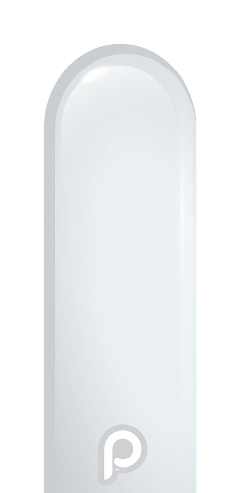 White elongated 260 latex balloon with a nozzle facing up, smooth surface, pack of 50.