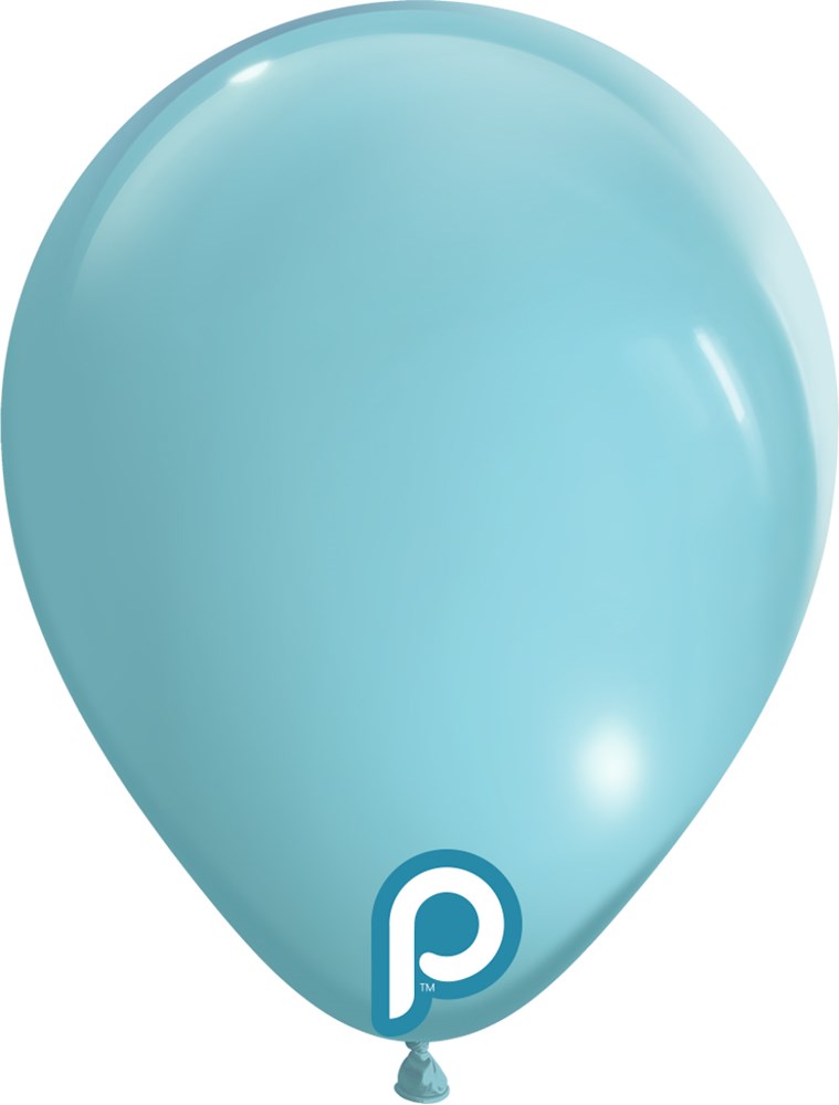 Light blue 5-inch latex balloon with a small logo near the bottom.