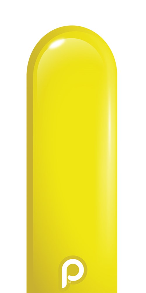 Bright yellow elongated latex balloon with rounded tip and small white logo near the bottom.