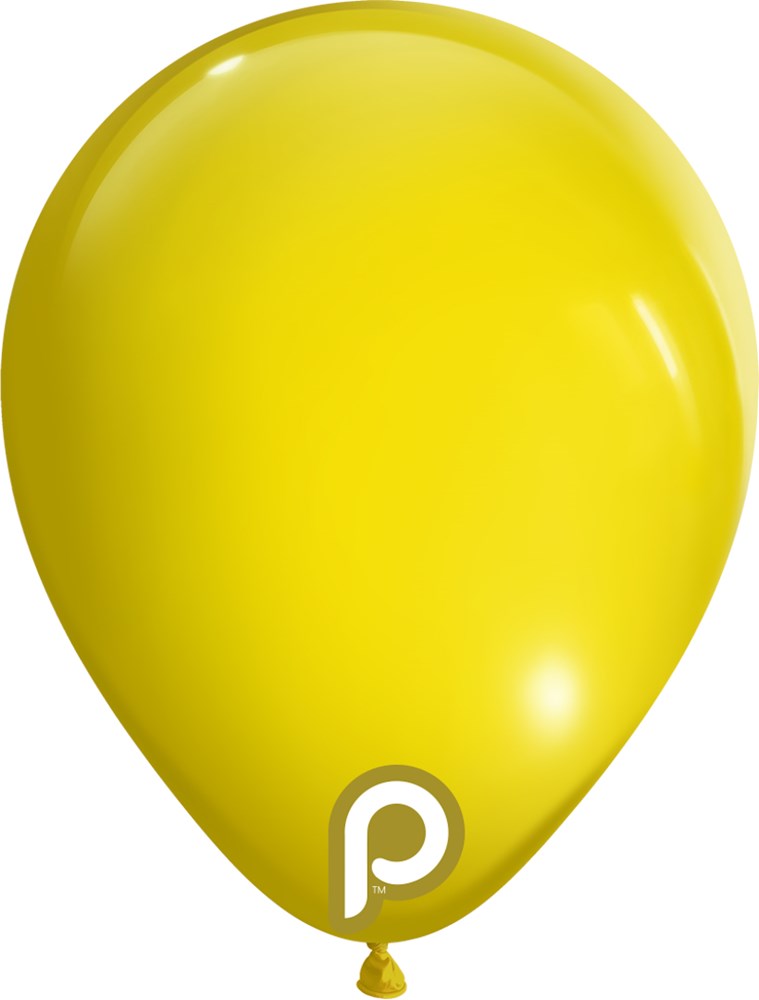 Bright yellow 5-inch round latex balloon with glossy finish.