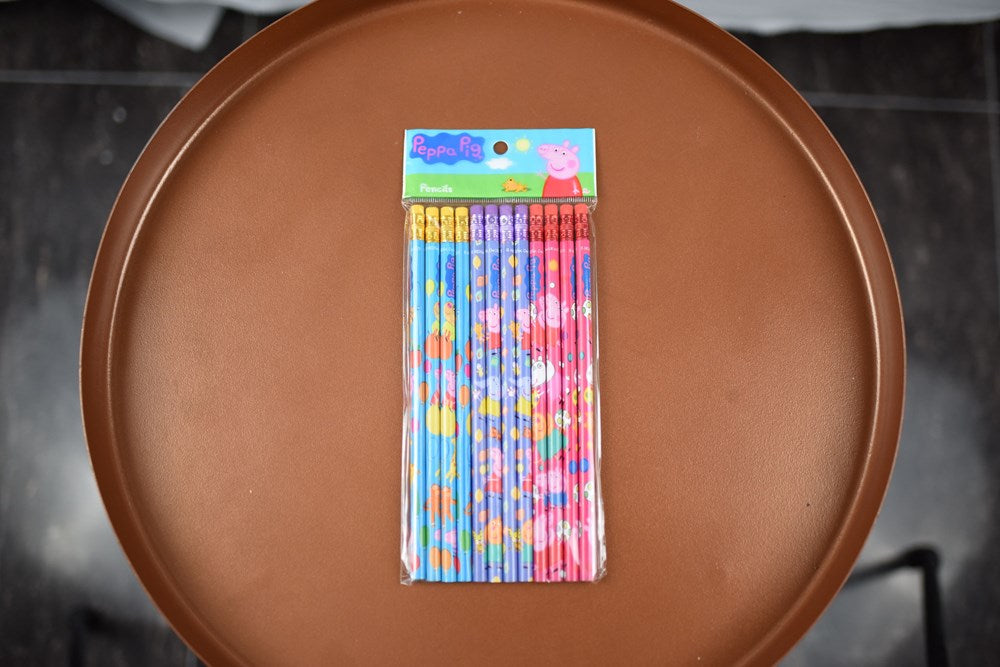 Set of 12 colorful Peppa Pig-themed wooden pencils with character designs and blue erasers.