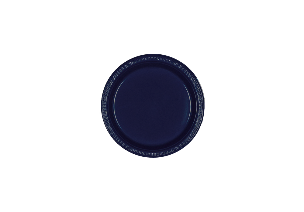 Round deep navy blue plastic plate with smooth rim, 10.25 inches wide.