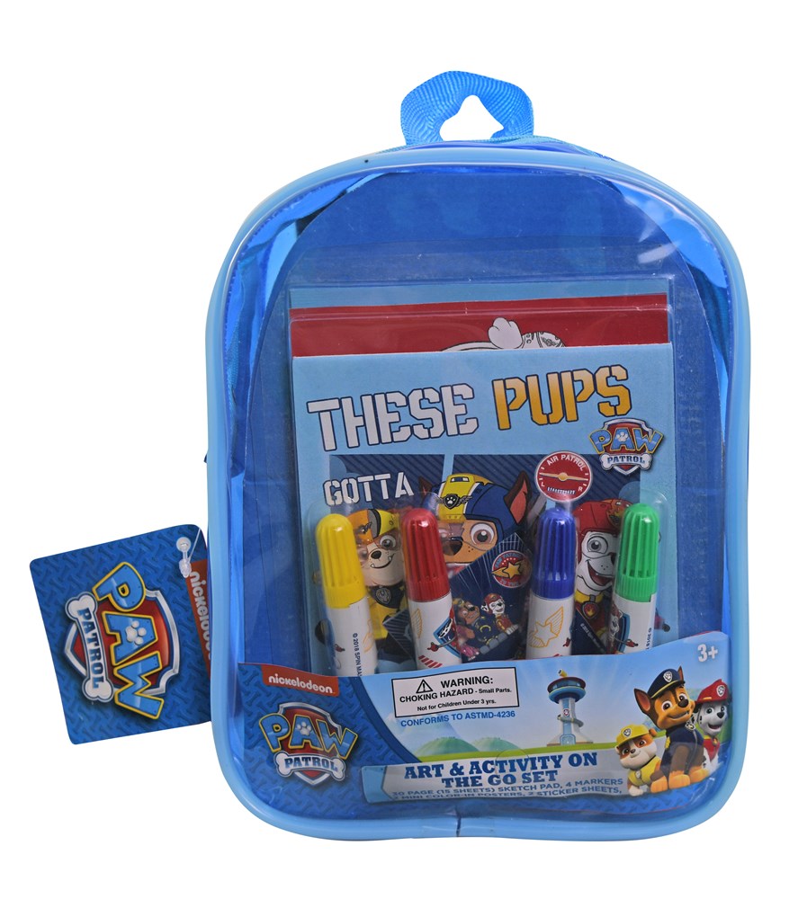 Blue translucent backpack with Paw Patrol art supplies including markers, stickers, and an activity book titled "These Pups.
