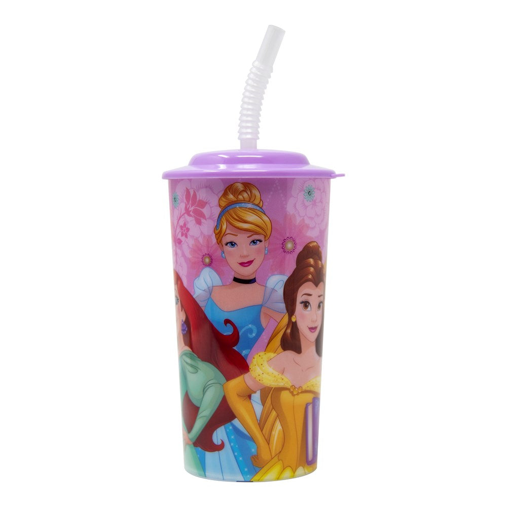 Purple Disney Princess sports tumbler with clear straw, featuring Cinderella, Belle, and Ariel illustrations.