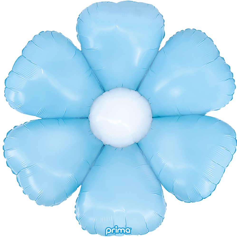 Pale blue foil balloon shaped like a daisy with five heart-shaped petals and a white center, 34 inches wide.