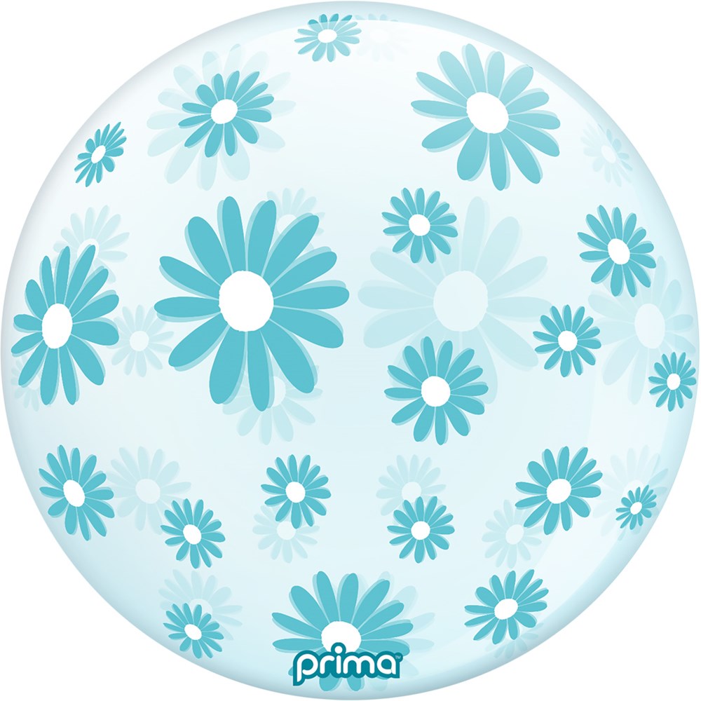 20-inch round balloon with light blue background and various sizes of blue daisies pattern.