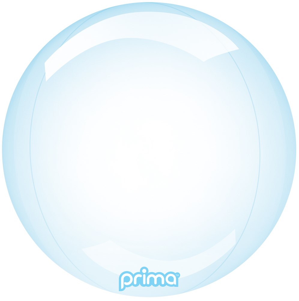18-inch translucent light blue glass sphere balloon with glossy finish and Prima logo.