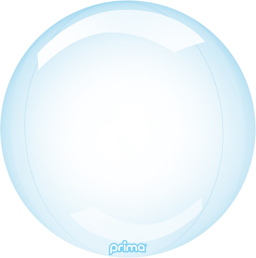 20-inch translucent light blue glass sphere balloon with glossy finish and Prima logo.