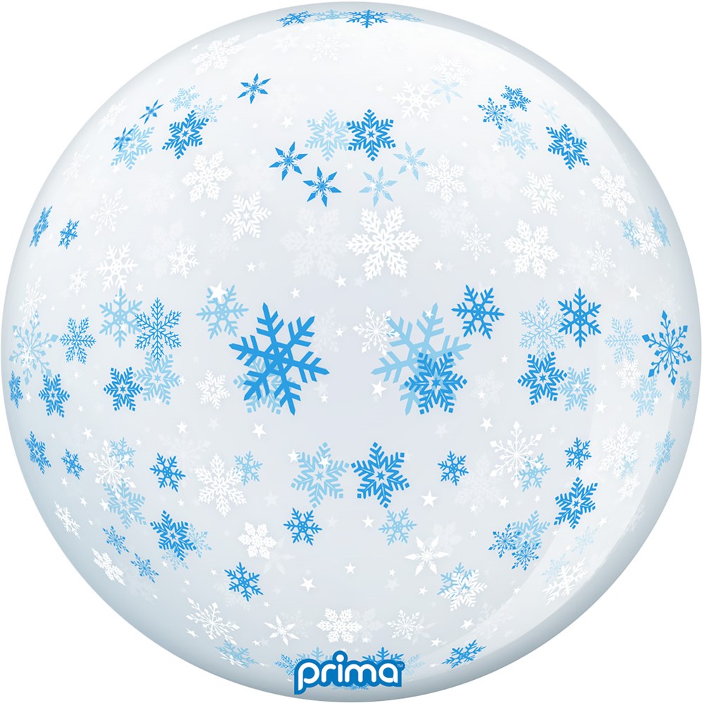 20-inch clear sphere balloon with blue and white snowflake patterns.