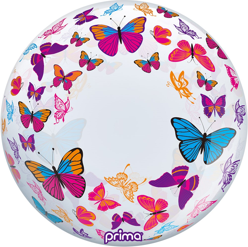 20-inch white sphere balloon covered with colorful butterfly illustrations in pink, blue, orange, and purple.