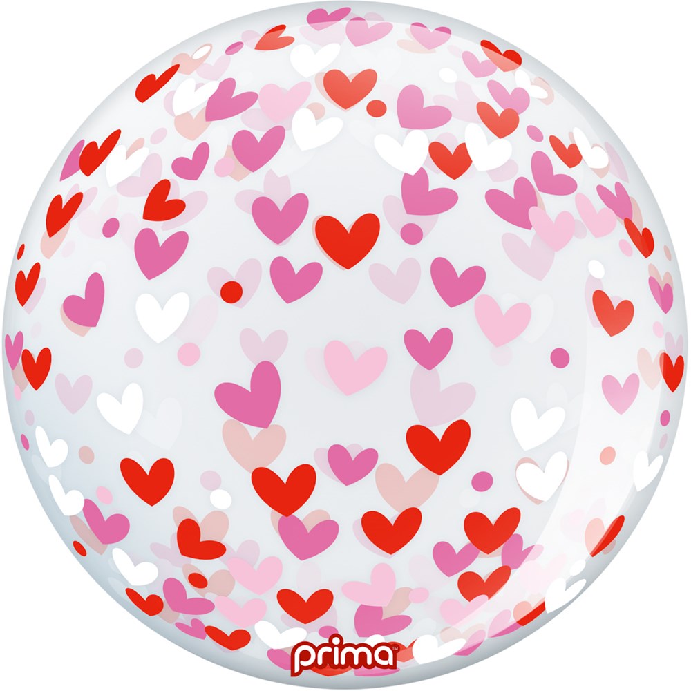 20-inch clear sphere balloon decorated with red, pink, and white hearts.