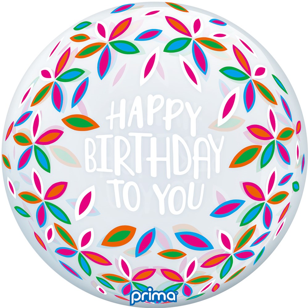 Round white balloon with colorful petal flower patterns and "Happy Birthday To You" text in the center.