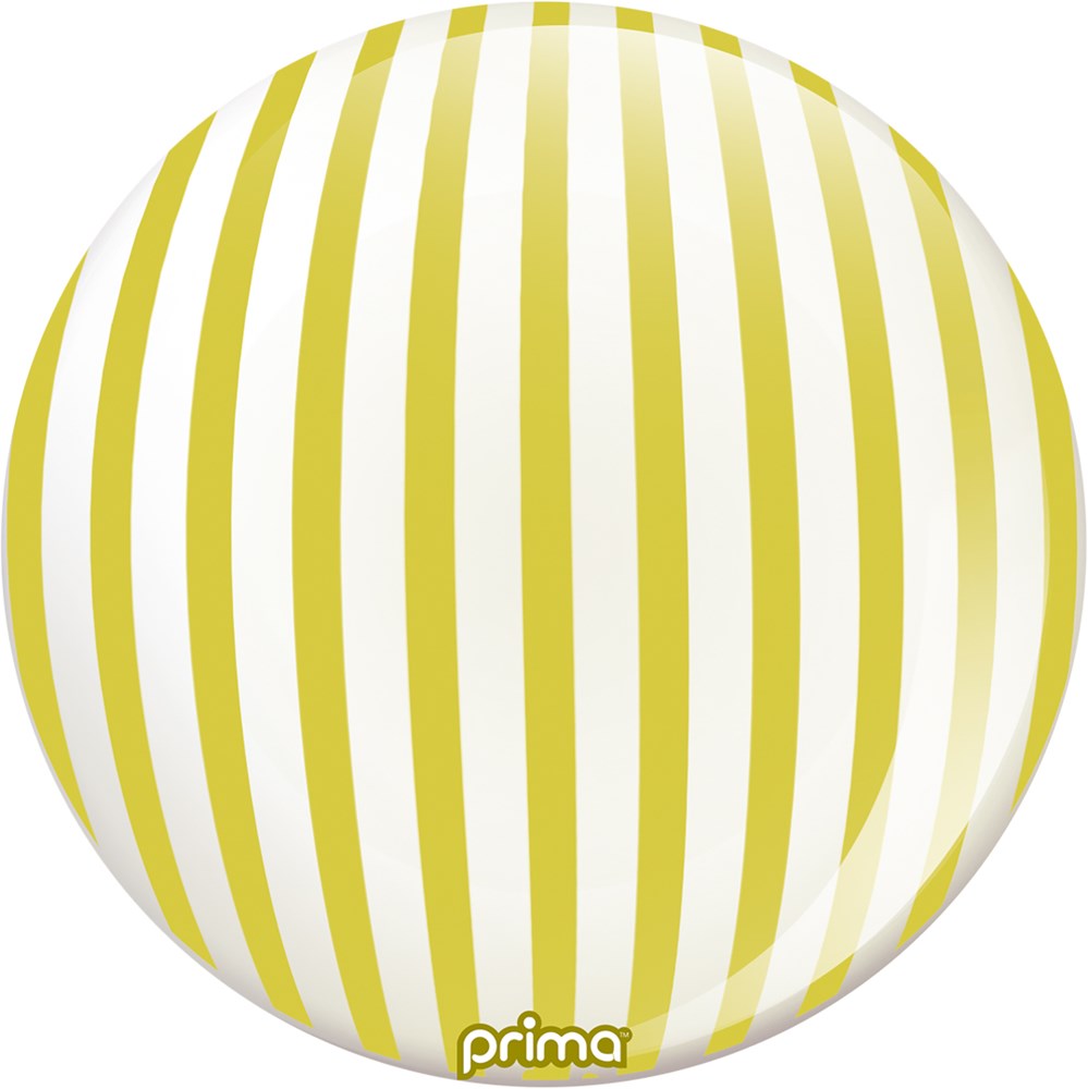 20-inch white sphere balloon with vertical gold stripes and glossy finish.