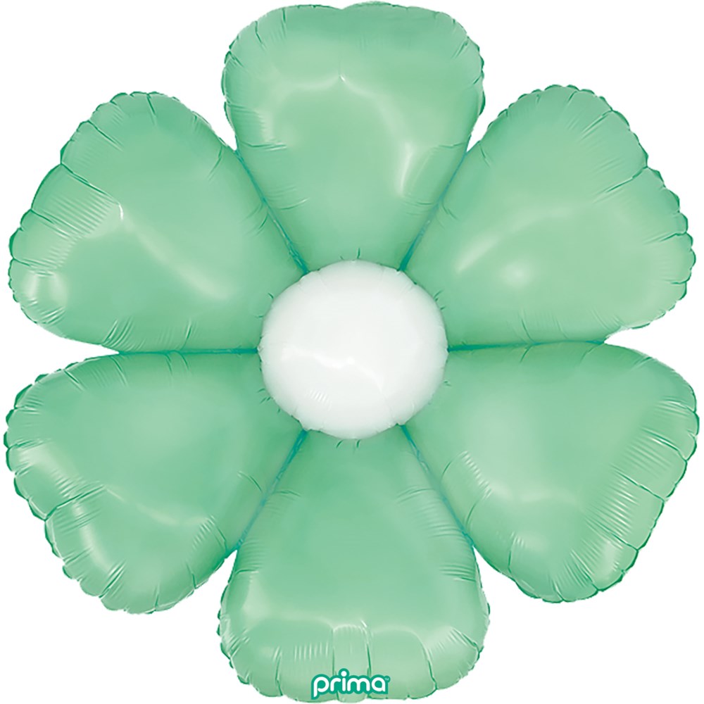 Mint green daisy-shaped foil balloon with rounded petals and a white center, 34 inches wide.
