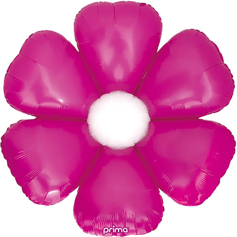 Hot pink foil balloon shaped like a daisy with five petals and a white center, 34 inches wide.