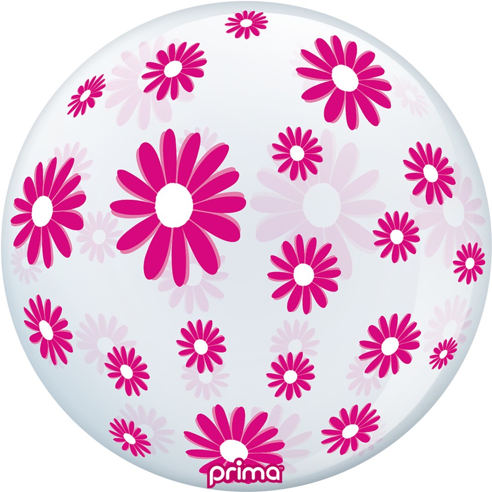 20-inch clear sphere balloon with bright hot pink daisy patterns scattered across its surface.