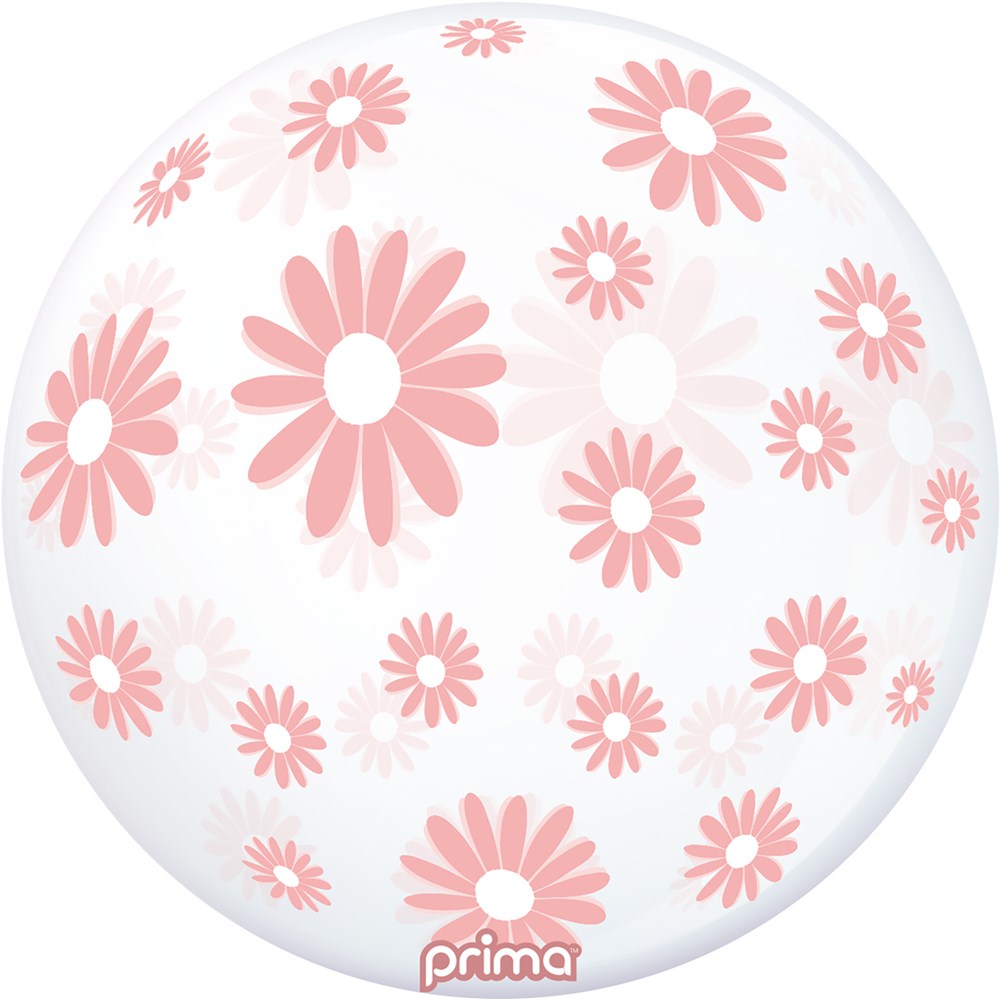 White 20-inch sphere balloon decorated with light pink daisy patterns and Prima logo.