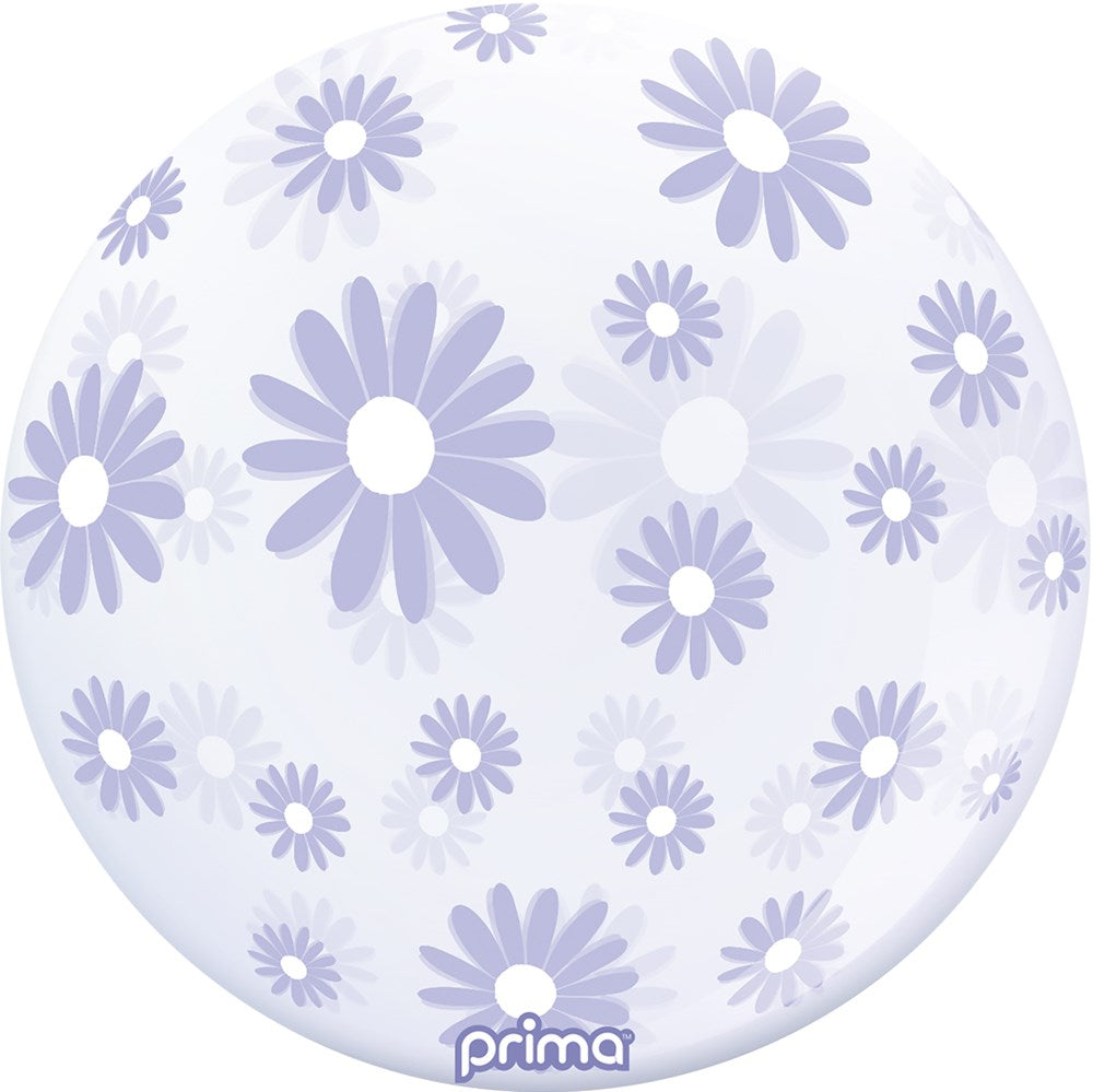 20-inch pale lavender daisy print sphere balloon with white background and Prima logo.