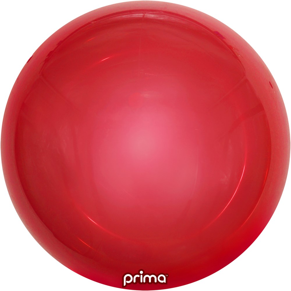 Shiny red metallic 20-inch spherical balloon with smooth reflective surface and "prima" logo at bottom center.