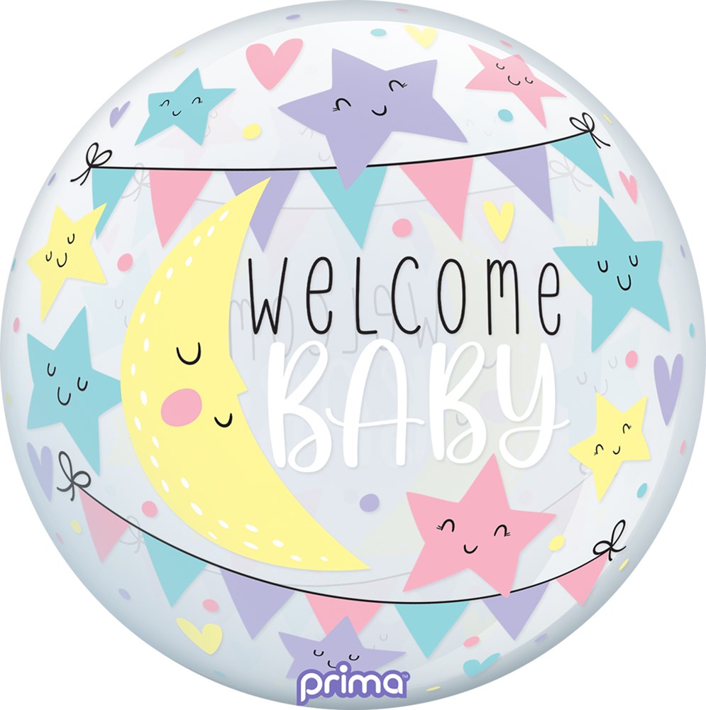 Round foil balloon with a yellow crescent moon and pastel smiling stars, pastel bunting, and "Welcome Baby" text.